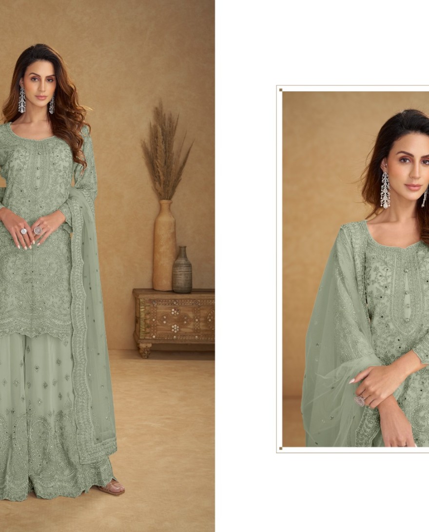 8113-D - Net Mint Blue Embroidered Wedding Palazzo Suit